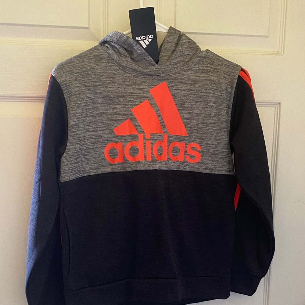 Adidas Black and Gray Hoodie with Vibrant Red Logo
